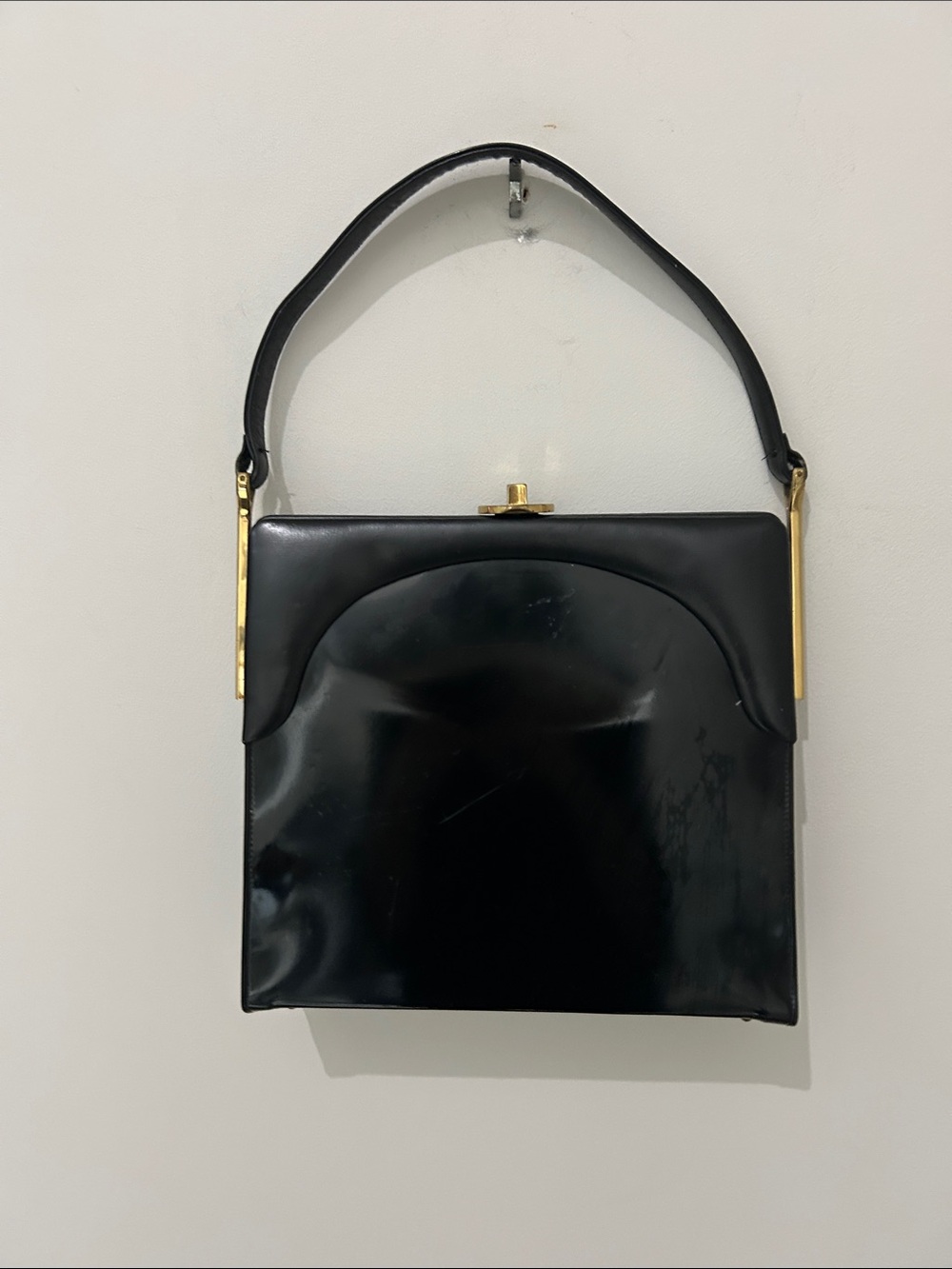 Vintage Black Patent Leather Structured Top-Handle Women's Bag with Gold Accents